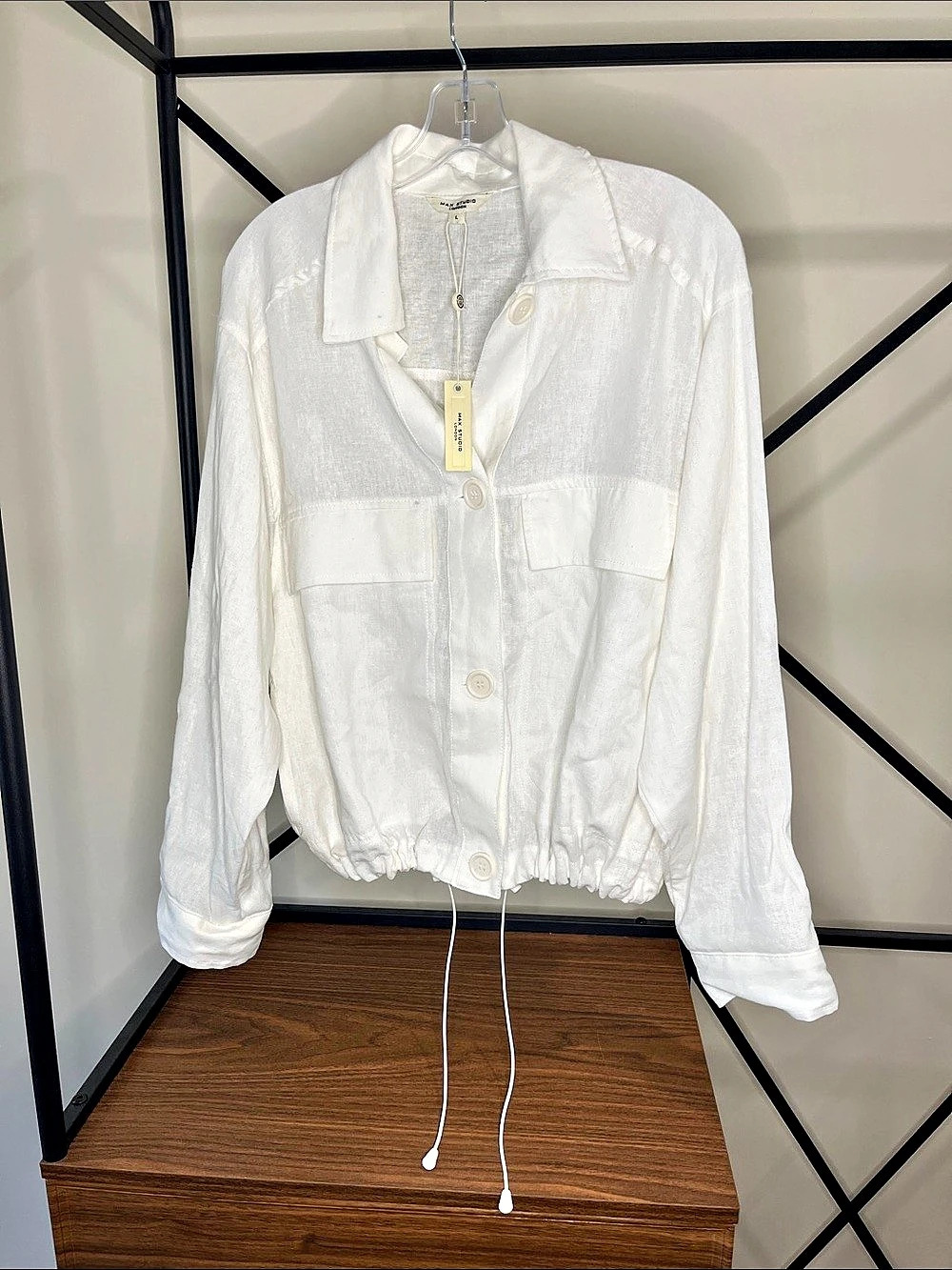 Max Studio Linen-Blend Bomber Shirt Jacket White Large
